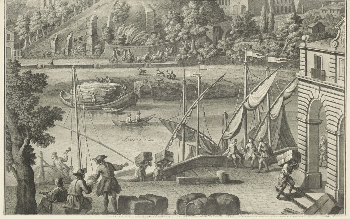 Gezicht op de Tiber en Aventijn heuvel te Rome by Giuseppe Vasi, print, 1771
