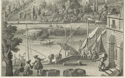 Gezicht op de Tiber en Aventijn heuvel te Rome by Giuseppe Vasi, print, 1771