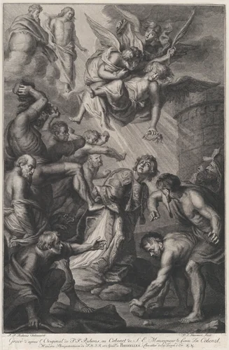The Martyrdrom of Saint Stephen, kneeling at center while persecutors throw stones at him, three angels holding a laurel wreath overhead, and Christ and God the Father in the clouds at upper left by Phillip Joseph Tassaert, print, 1751-1773