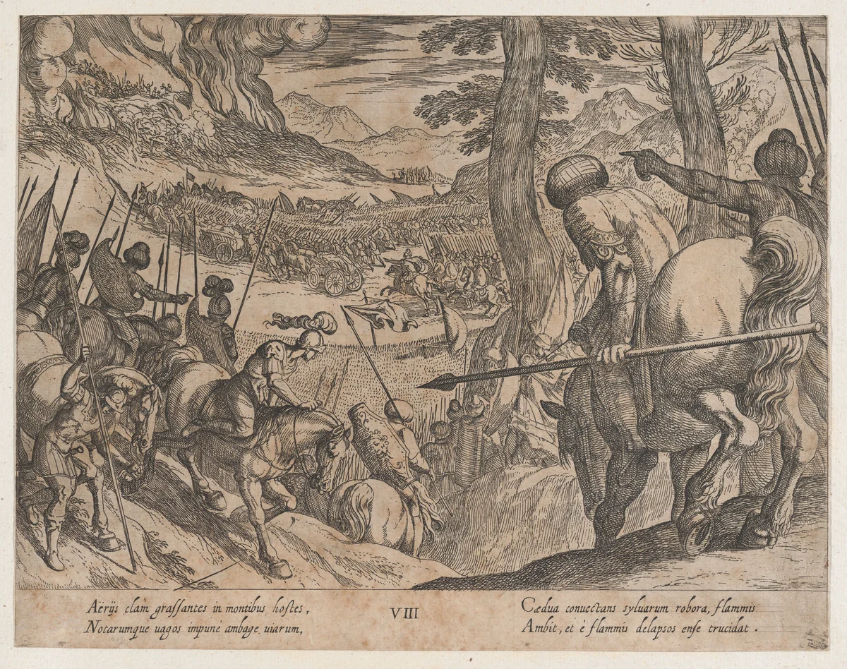 Plate 8: Alexander Encircling the Enemy Troops with Fire, from "The Deeds of Alexander the Great" by Antonio Tempesta, print, 1608