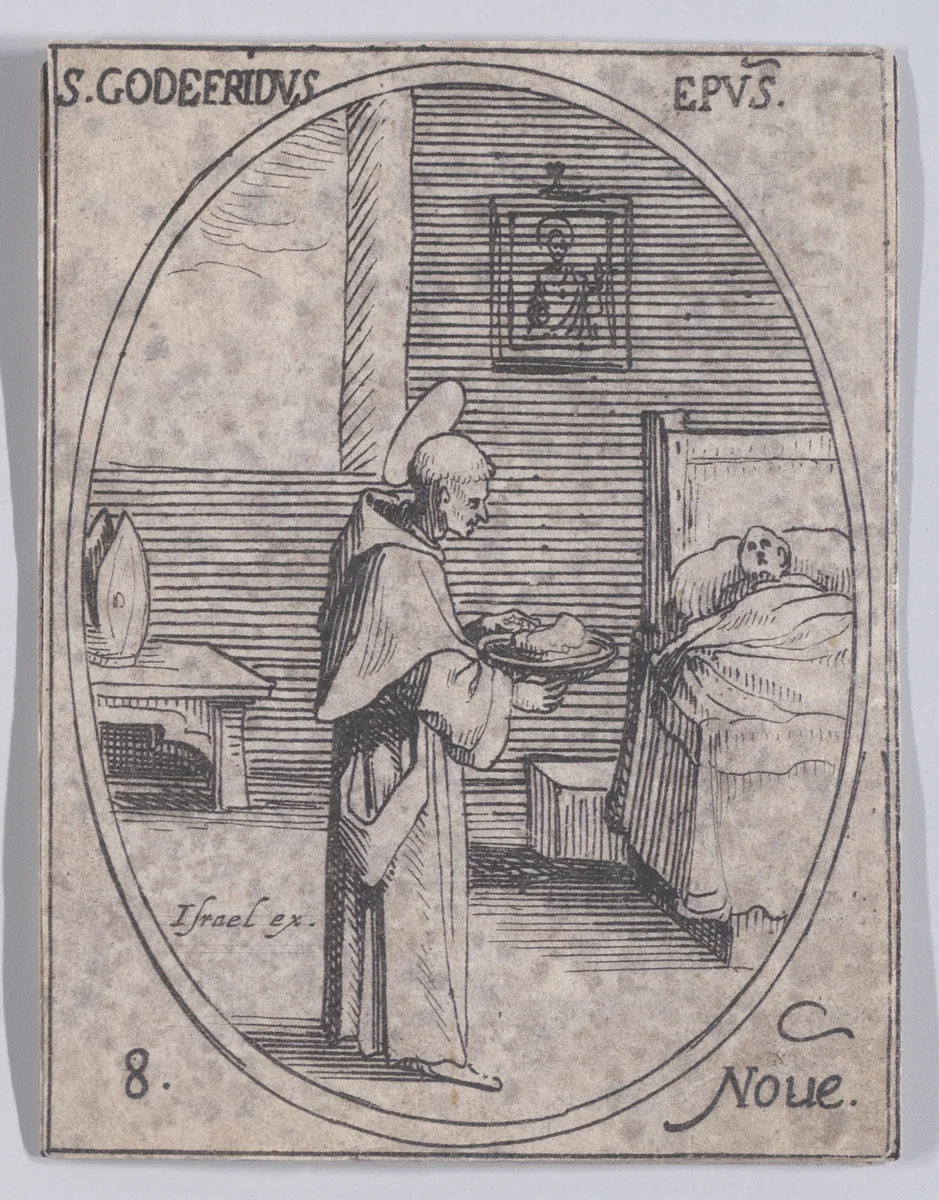S. Godefroy, évêque (St. Godefroy, Bishop), November 8th, from "Les Images De Tous Les Saincts et Saintes de L'Année" (Images of All of the Saints and Religious Events of the Year) by Jacques Callot, print, 1636