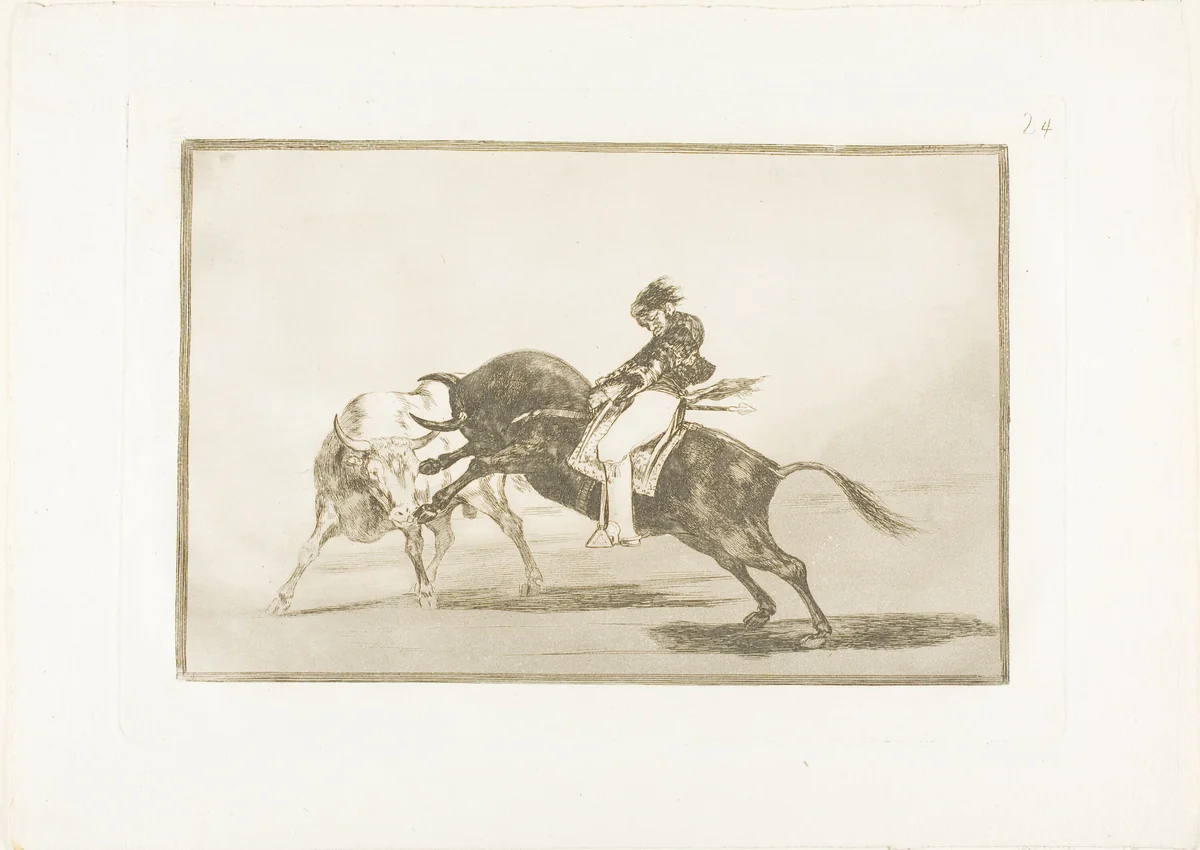 The Same Ceballos, Mounted on Another Bull, Breaks Short Spears in the Ring at Madrid, plate 24 from The Art of Bullfighting by Francisco José de Goya, print, 1814-1816