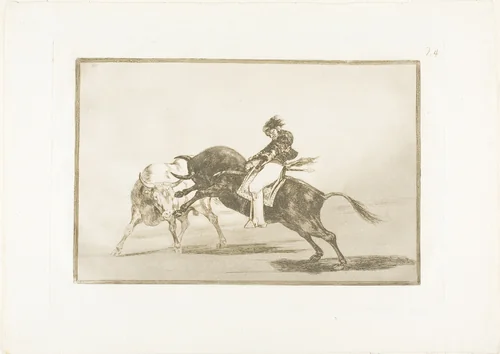 The Same Ceballos, Mounted on Another Bull, Breaks Short Spears in the Ring at Madrid, plate 24 from The Art of Bullfighting by Francisco José de Goya, print, 1814-1816