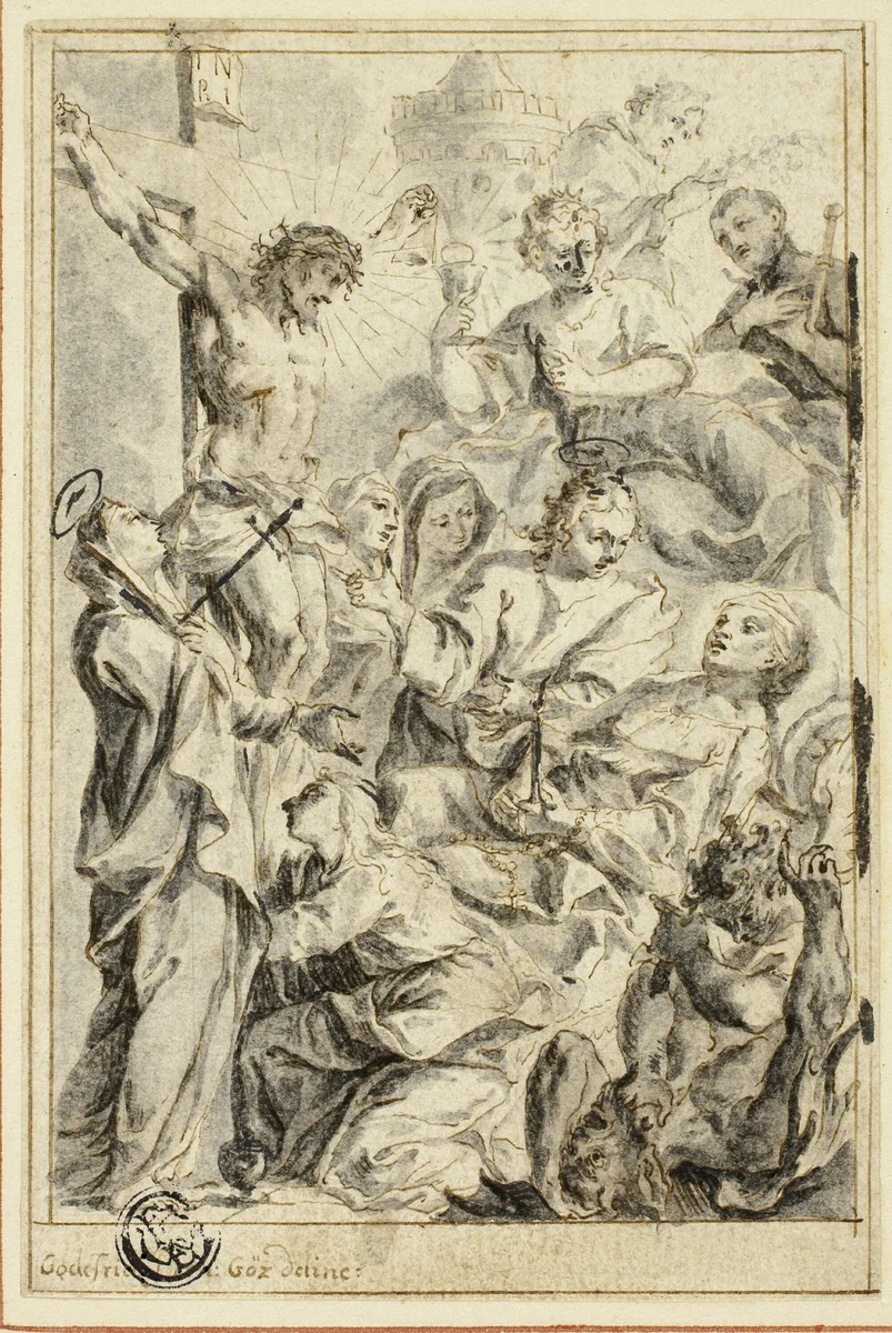 Dying Man Being Consoled by Christ on the Cross, Virgin and Saints by Gottfried Bernhard Goetz, drawing, 1728-1774