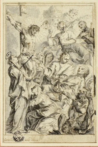 Dying Man Being Consoled by Christ on the Cross, Virgin and Saints by Gottfried Bernhard Goetz, drawing, 1728-1774