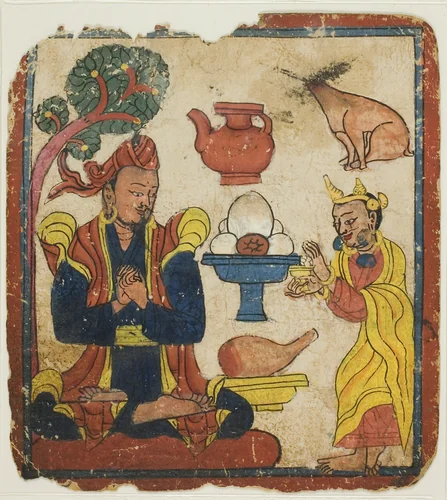 King Mangkur Nourished by Queen Devika, from a Set of Initiation Cards (Tsakali) by Southern Tibet, painting, 1301-1500