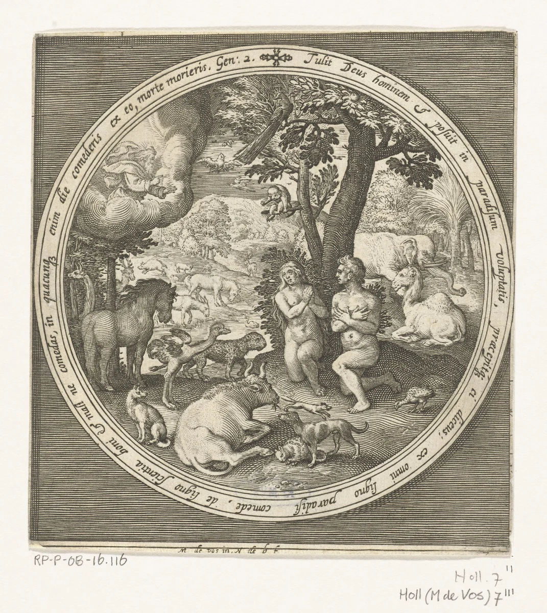 Adam en Eva in het paradijs by Unknown, print, 1581-1656