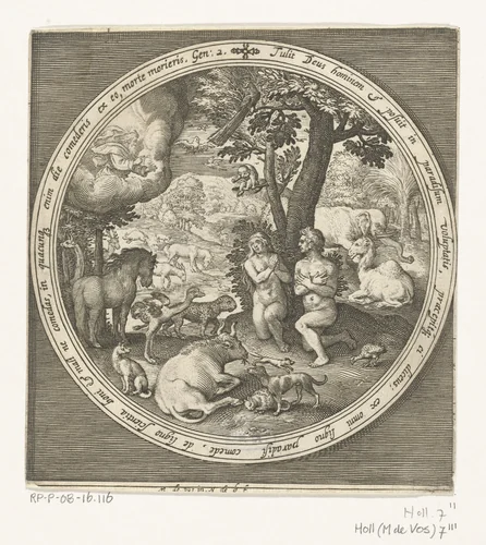 Adam en Eva in het paradijs by Unknown, print, 1581-1656
