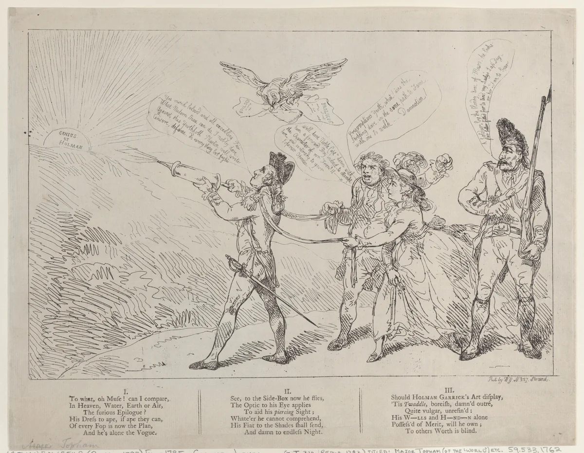 [Col. Topham Endeavoring with his Squirt to Extinguish the Genius of Holman] by Thomas Rowlandson, print, 1785-1793