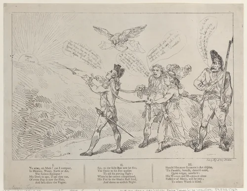 [Col. Topham Endeavoring with his Squirt to Extinguish the Genius of Holman] by Thomas Rowlandson, print, 1785-1793