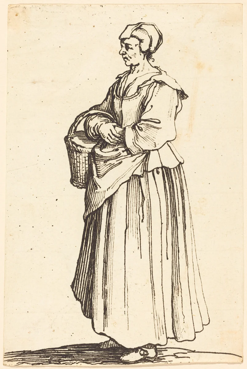 Peasant Woman with Basket, in Profile, Facing Left by Israel Henriet; Jacques Callot, print, 1630-1661