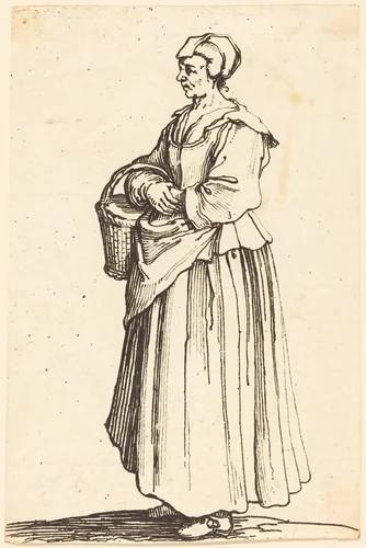 Peasant Woman with Basket, in Profile, Facing Left by Israel Henriet; Jacques Callot, print, 1630-1661