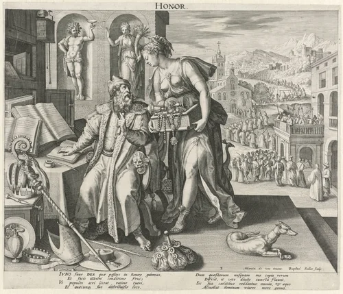 Middelbare leeftijd onder invloed van eer by Unknown, print, 1591