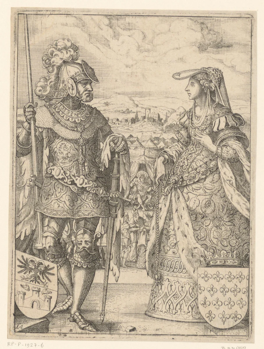 Echtpaar met wapenschild by Unknown, print, 1583