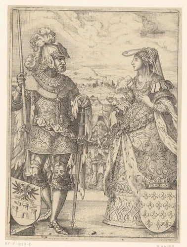 Echtpaar met wapenschild by Unknown, print, 1583