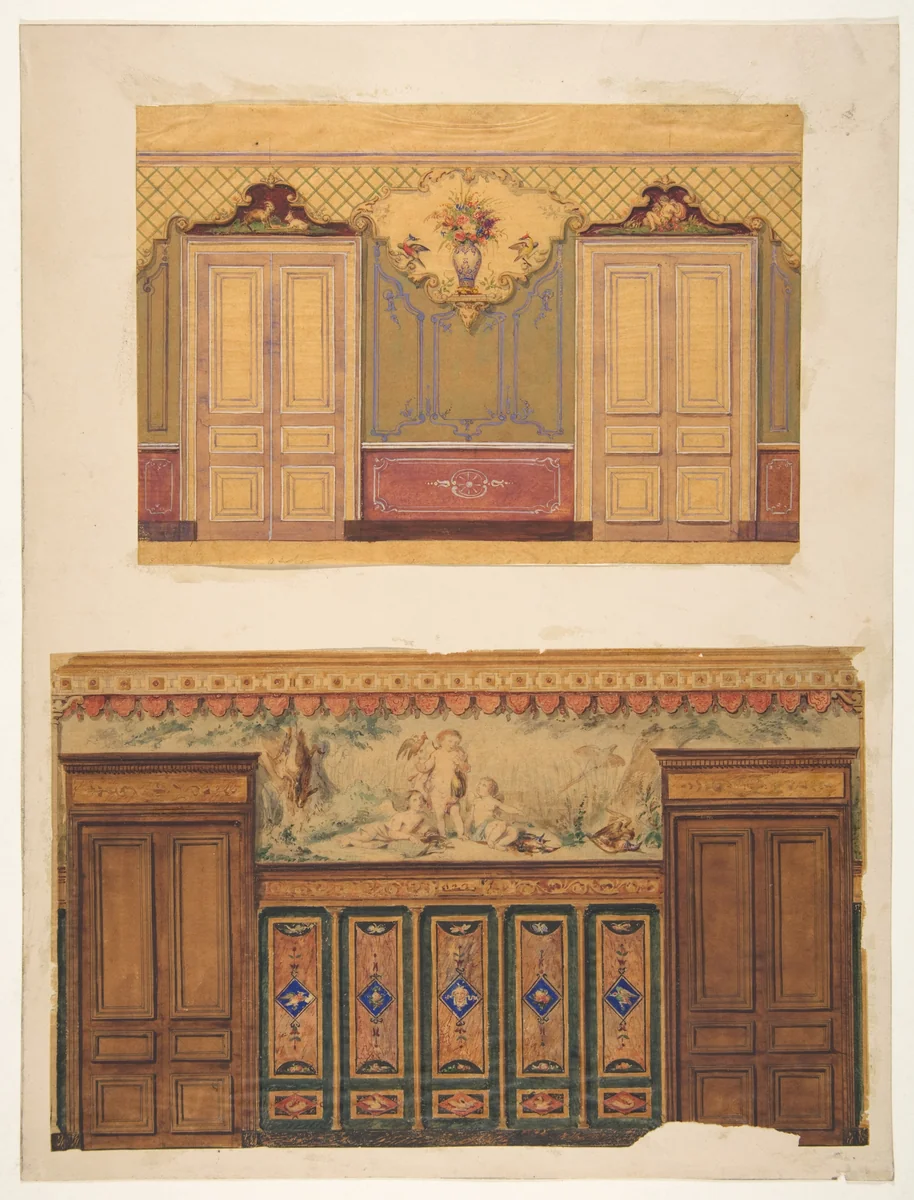 Two Designs for the decoration of walls pierced by pairs of double doors by Jules-Edmond-Charles Lachaise, drawing, 1830-1897
