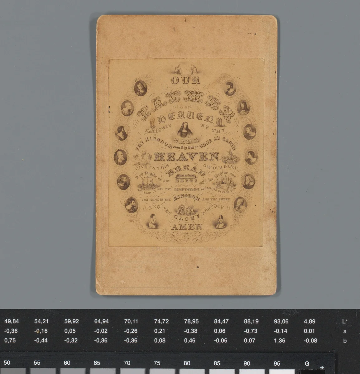 Reclame voor reproducties van schilderijen van Christus en heiligen met gebed by A. Morand, photograph, 1850-1915