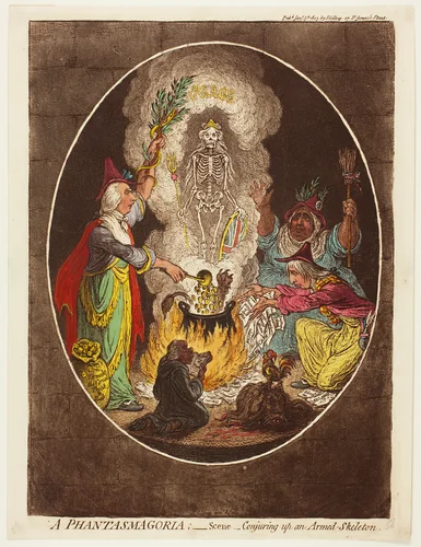 A Phantasmagoria - Scene - Conjuring up an Armed Skeleton by James Gillray, print, 1803