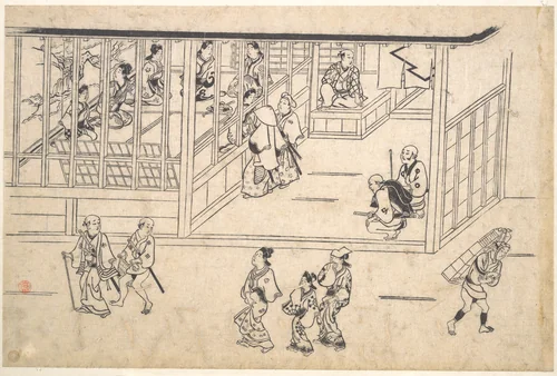 Street scene in the Yoshiwara by Hishikawa Moronobu (菱川師宣), print, 1670-1690