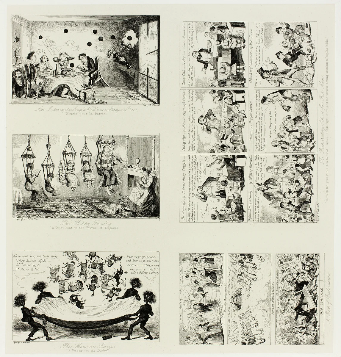 An Interrupted English Dinner Party at Paris from George Cruikshank's Steel Etchings to The Comic Almanacks: 1835-1853 (top left) by George Cruikshank, print, 1849