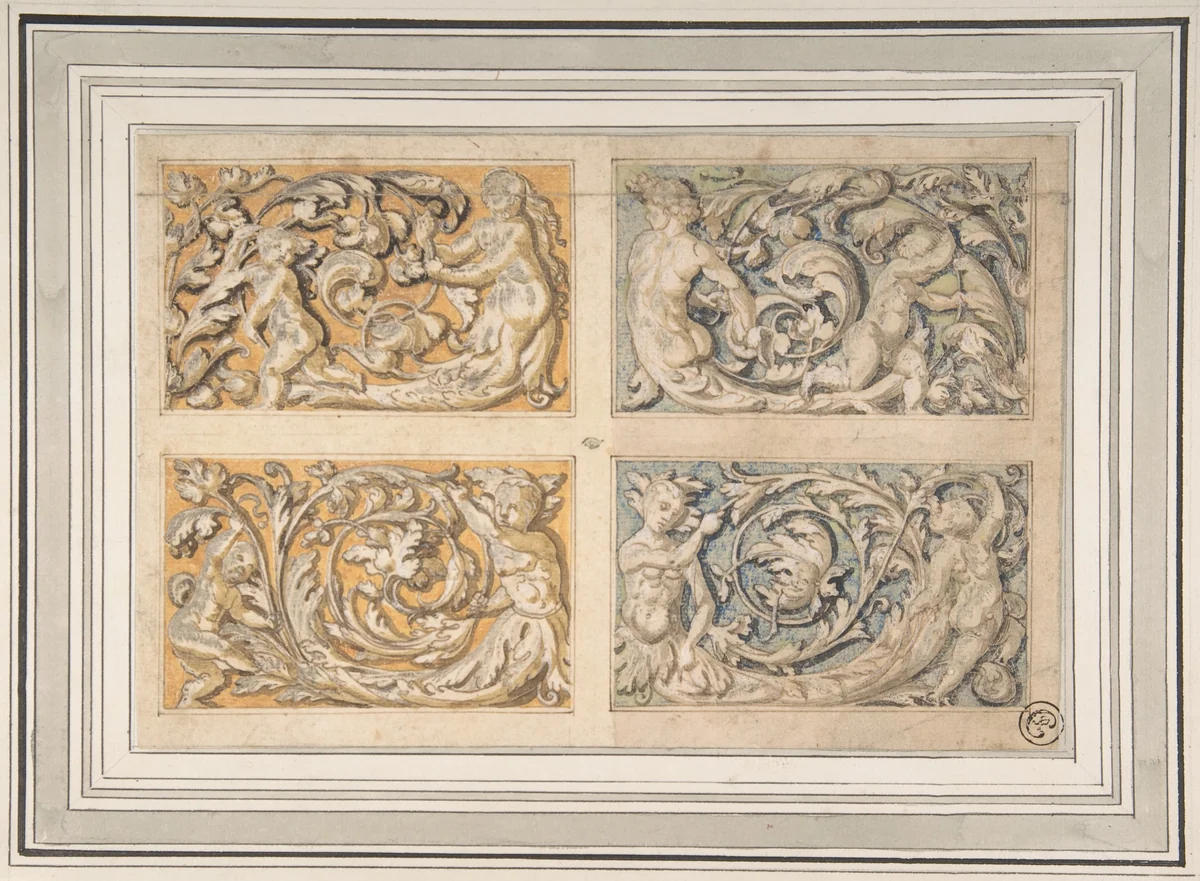 Four Panels with Rinceau Motif by anonymous, drawing, 1600-1699