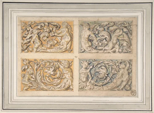 Four Panels with Rinceau Motif by anonymous, drawing, 1600-1699