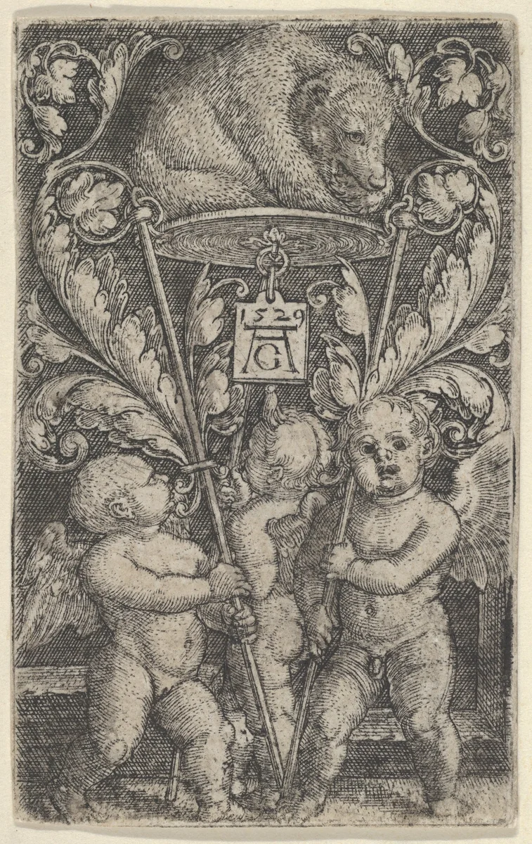 Vertical Panel with Three Winged Boys Carrying a Bear on a Tray by Heinrich Aldegrever, print, 1529