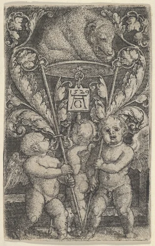 Vertical Panel with Three Winged Boys Carrying a Bear on a Tray by Heinrich Aldegrever, print, 1529