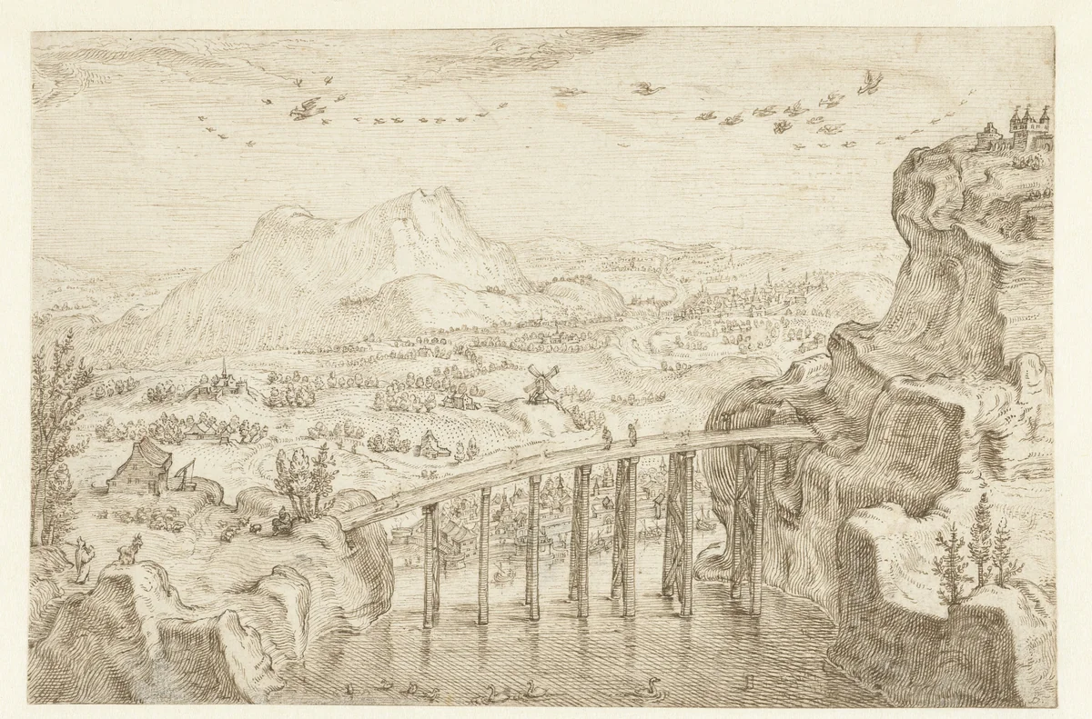 Berglandschap met hoge brug by Jacob Matham, drawing, 1609-1619