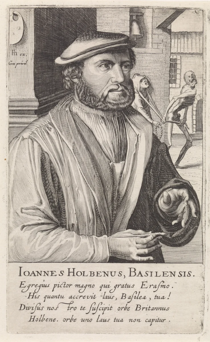 Portret van Hans Holbein by Simon Frisius, print, 1610