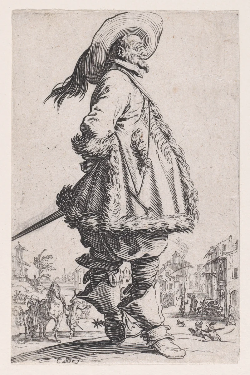 Le Gentilhomme au Manteau Bordé de Fourrures Tenant ses Mains Derrière le Dos (The Gentleman with the Fur-Lined Mantle Holding his Hands Behind his Back), from "La Noblesse" (The Nobility) by Jacques Callot, print, 1618-1628