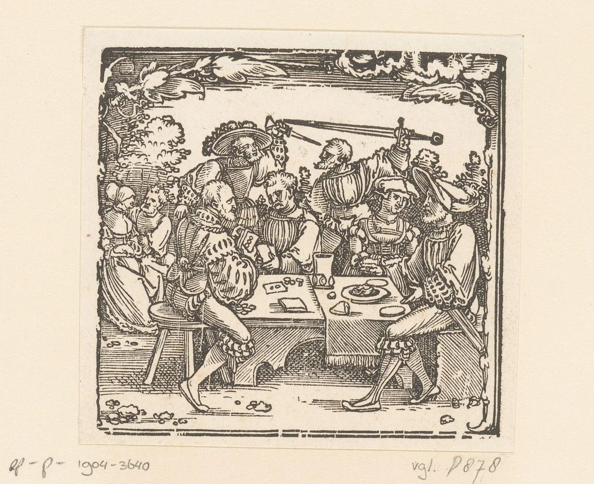 Kaartspelende en twistende soldaten by anonymous, print, 1510-1526