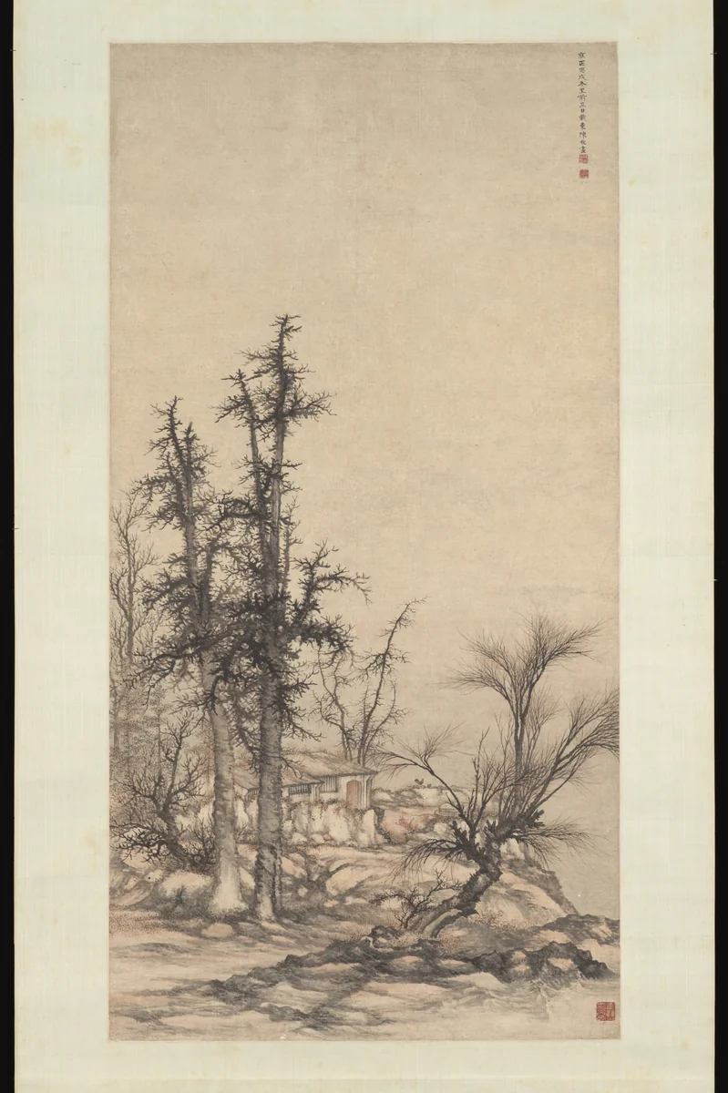 Small dwelling in a dense grove of trees by Chen Mei, painting, 1730