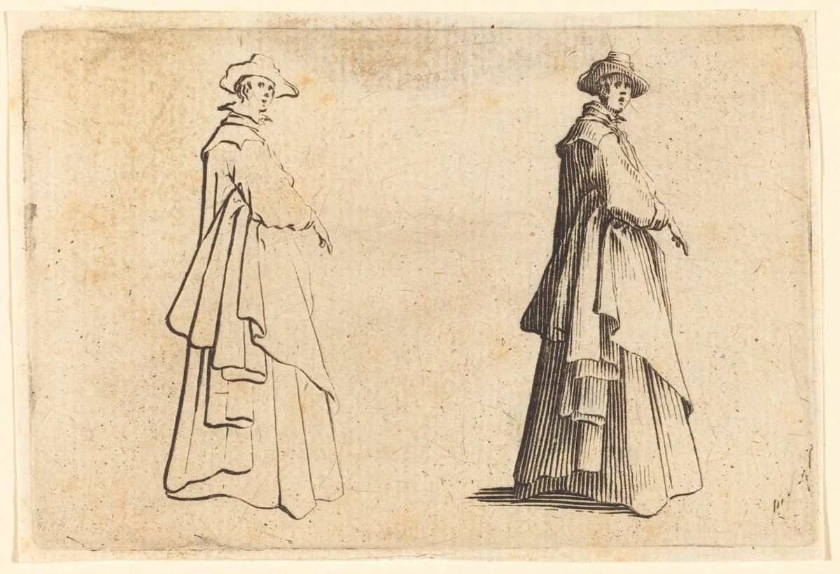Lady in a Large Coat by Jacques Callot, print, 1622