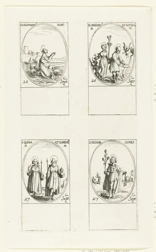 Heilige Callistratus, Heilige Cyprianus van Antiochië en Heilige Justina van Nicomedië, Heilige Cosmas en Heilige Damianus, Heilige Eleazar van Sabran (26-27 september) by Jacques Callot, print, 1632-1636