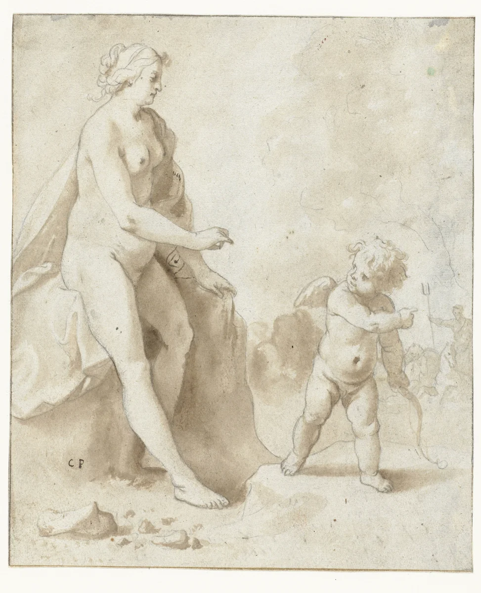 Venus en Amor by Cornelis van Poelenburch, drawing, 1600-1636