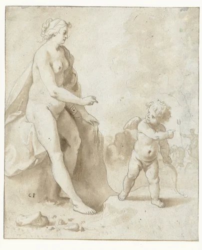 Venus en Amor by Cornelis van Poelenburch, drawing, 1600-1636