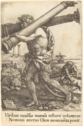Hercules Carrying the Two Columns of Gaza by Heinrich Aldegrever, print, 1550