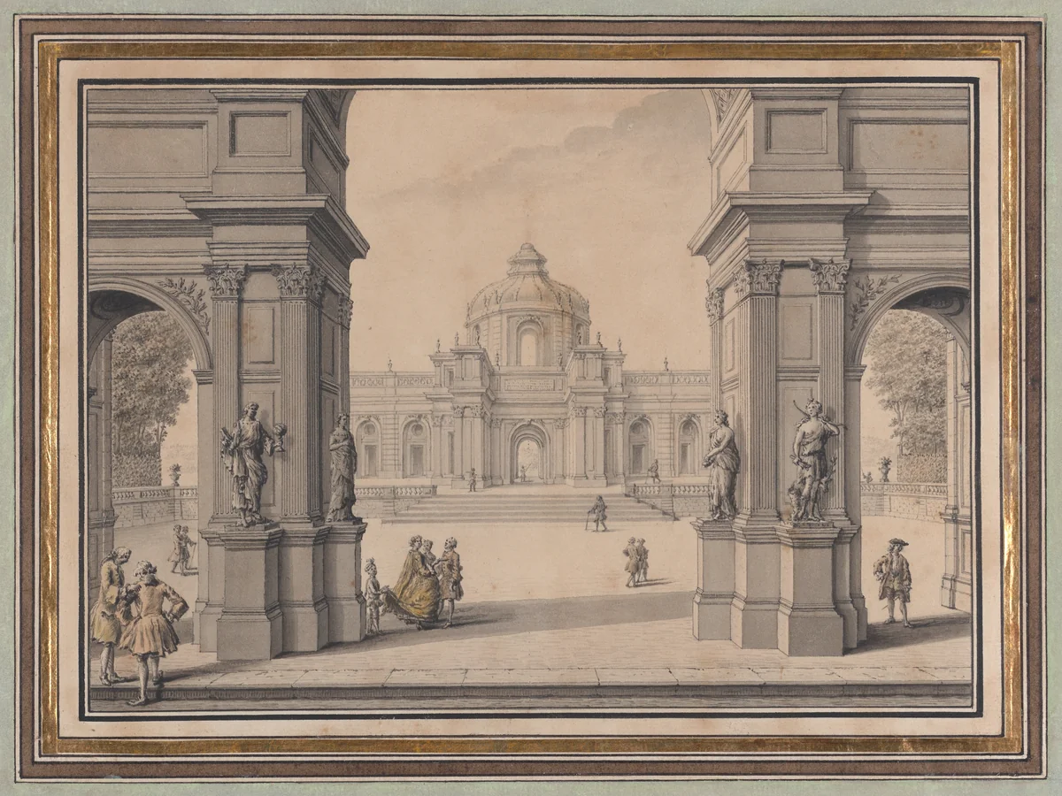 Architectural Capriccio with a Palace seen through a Triumphal Arch by Louis Joseph le Lorrain, drawing, 1745-1764