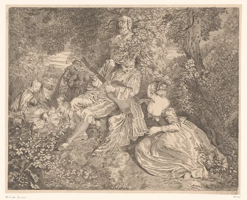 Elegant gezelschap musicerend in een tuin by Jacques-Philippe Le Bas, print, 1717-1783