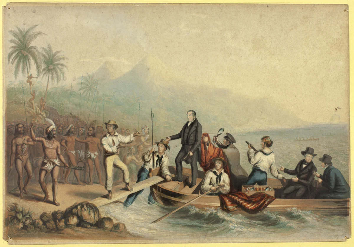 The Reception of the Rev. J. Williams, at Tanna in the South Seas, the Day Before He was Massacred by George Baxter, print, 1841