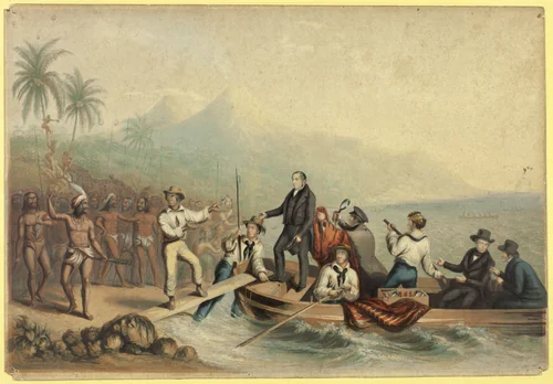 The Reception of the Rev. J. Williams, at Tanna in the South Seas, the Day Before He was Massacred by George Baxter, print, 1841