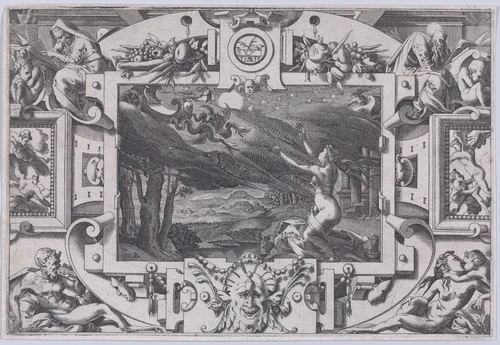 Medea and Her Chariot Drawn by Dragons (Echevellée et nue par nuit brune, en lieu désert invoque astres et lune...), from "Jason and the Golden Fleece" by René Boyvin, print, 1563