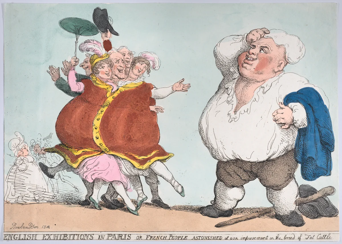English Exhibitions in Paris or French People Astonished at Our Improvement in the Breed of Fat Cattle by Thomas Rowlandson, print, 1812