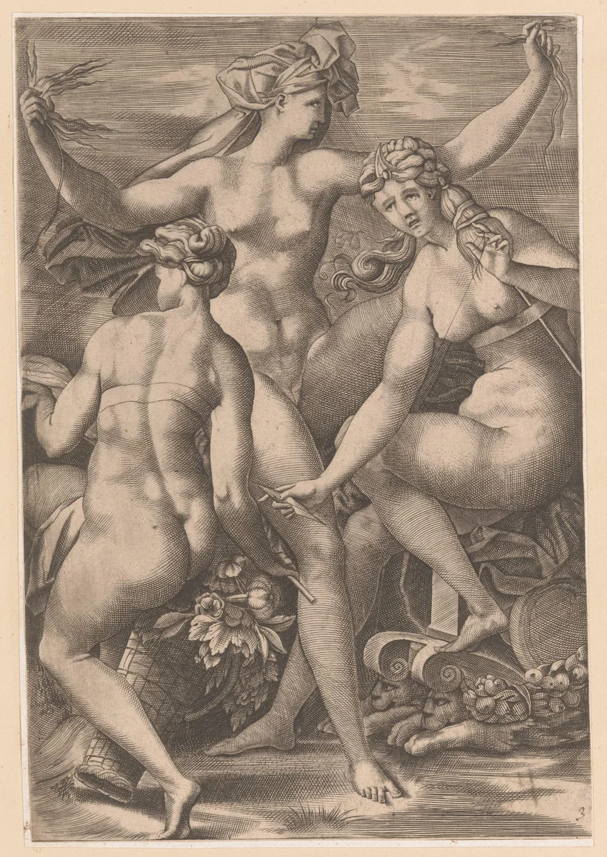Drie naakte Parcen by anonymous, print, 1510-1557