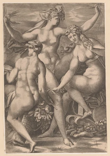 Drie naakte Parcen by anonymous, print, 1510-1557