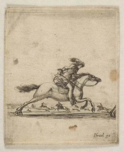 A horseman with sword in hand galloping towards the right, other horsemen galloping towards the left in the background, from "Various cavalry exercises" (Diverses exercices de cavalerie) by Stefano della Bella, print, 1640-1651