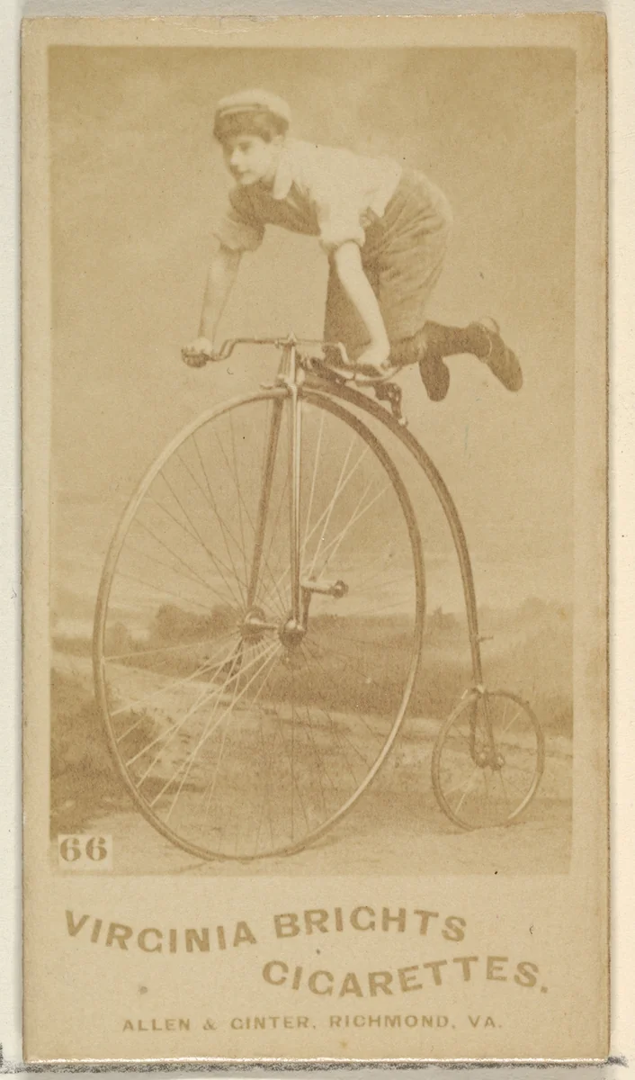 Card 66, from the Girl Cyclists series (N49) for Virginia Brights Cigarettes by Allen & Ginter, photograph, 1887