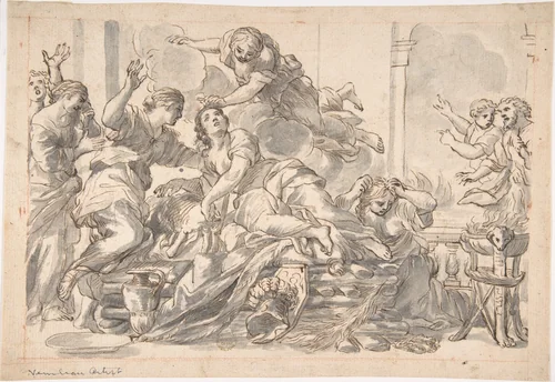 Death of Dido by Giovanni Francesco Romanelli, drawing, 1620-1640