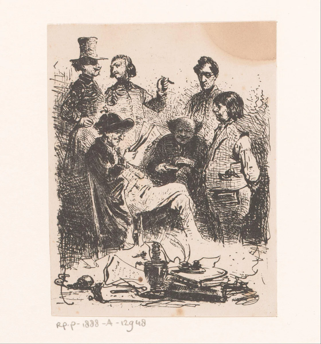 Gezelschap van zes mannen by Eugène François de Block, print, 1843